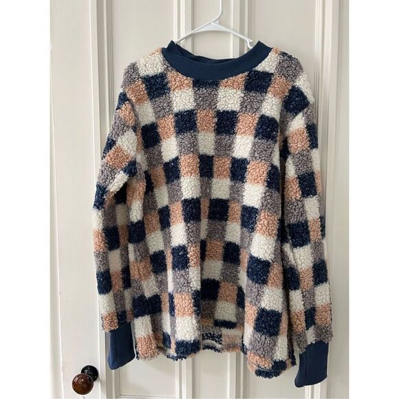 Blue peach and cream  Checkered fleece Sherpa top L - Picture 1 of 3